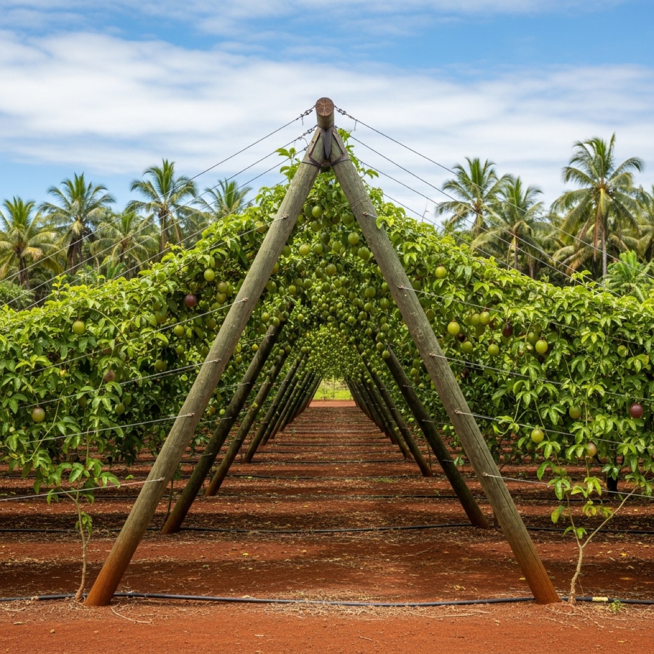 A-frame: an inverted-V canopy. Fruit hangs inside — shaded, wind-protected, and at standing height for harvest. The recommended primary system for most Hawaii operations.