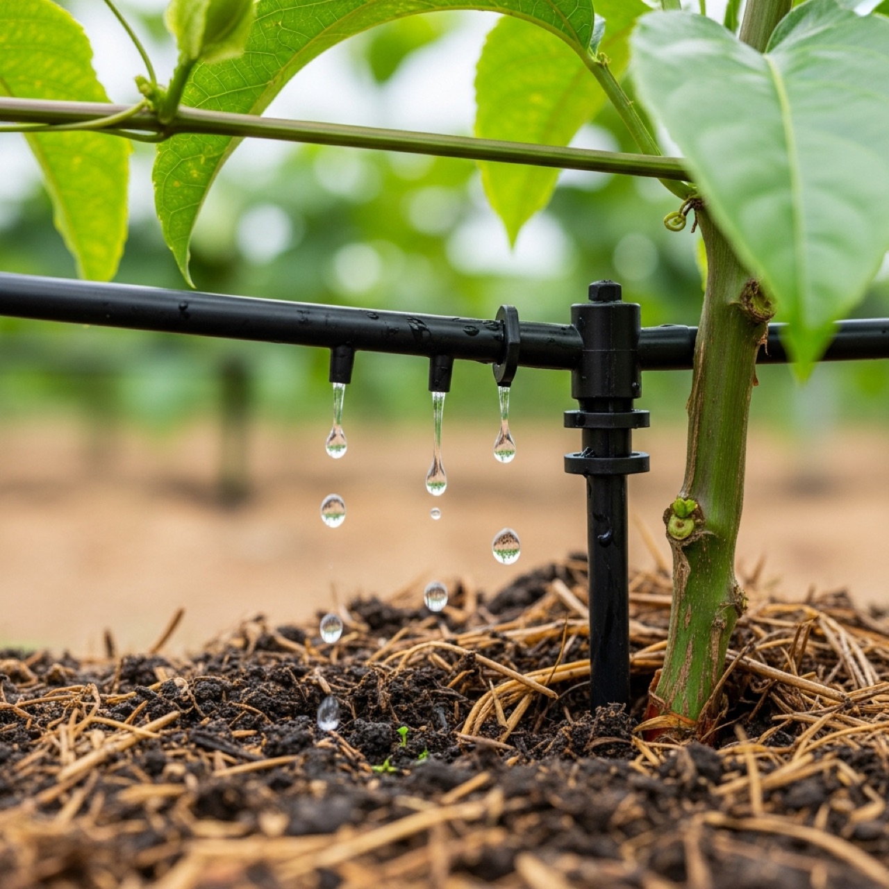 Drip irrigation emitters at the base of a passion fruit vine