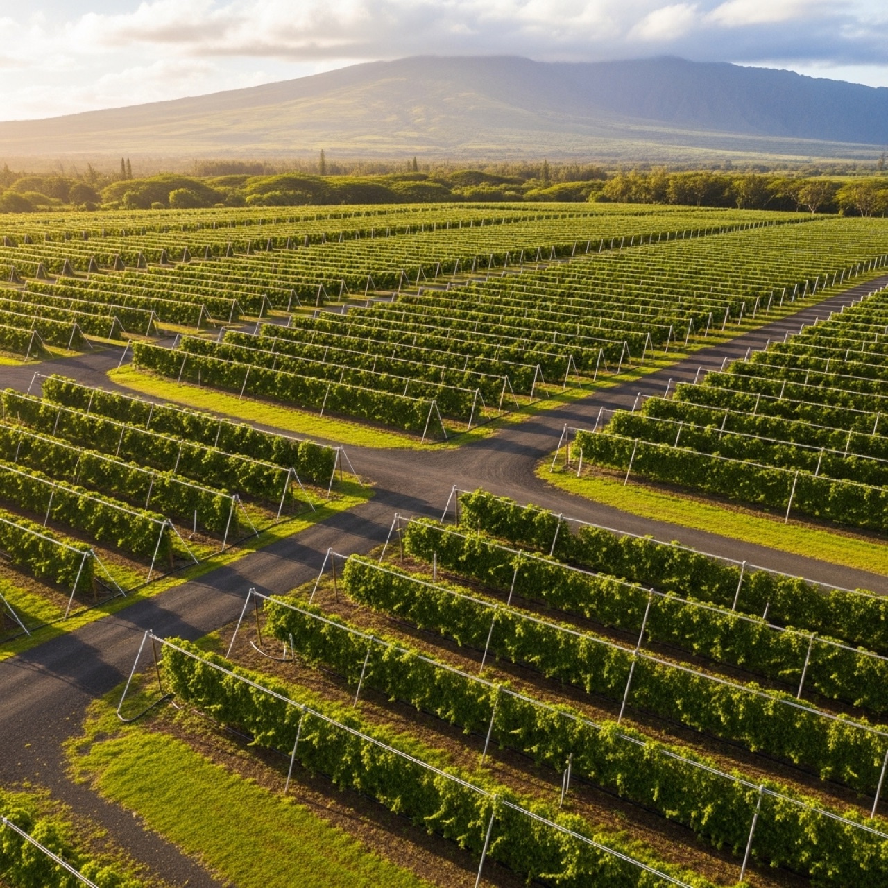 Aerial view of a passion fruit farm laid out across varied terrain