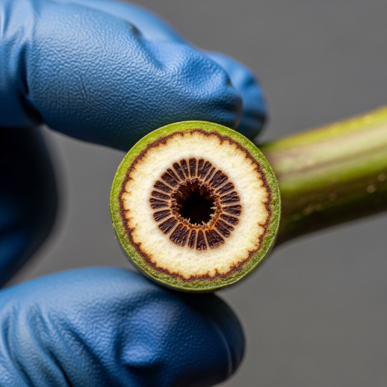 The confirmation: cut the stem at the base. Dark brown vascular tissue (vs. pale cream) means Fusarium.