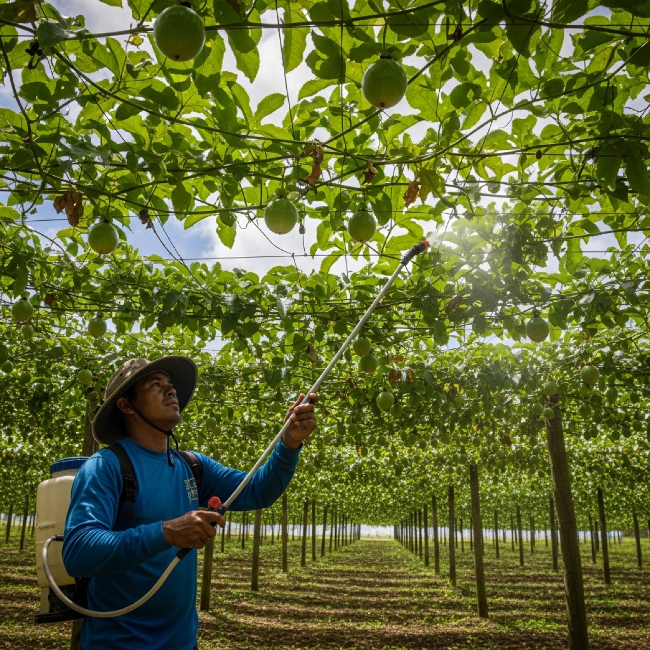 GF-120 spinosad bait applied as spots on leaf undersides inside the canopy — never on flowers.