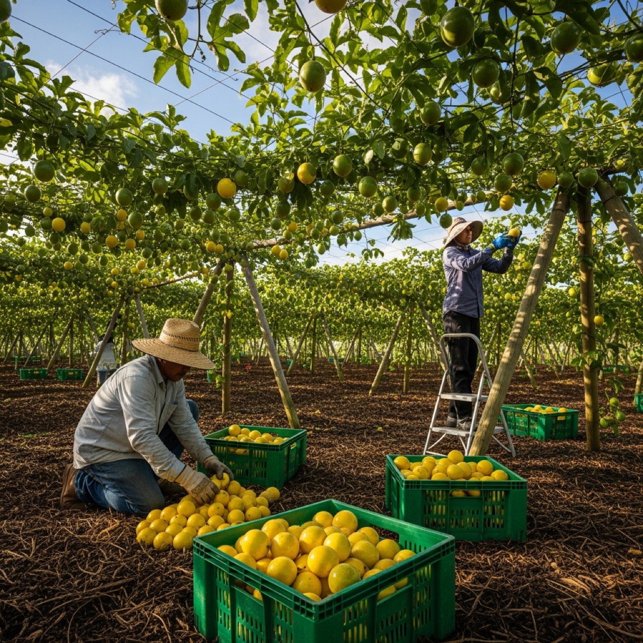 Harvesting ripe passion fruit, the most labor-intensive recurring task on the farm