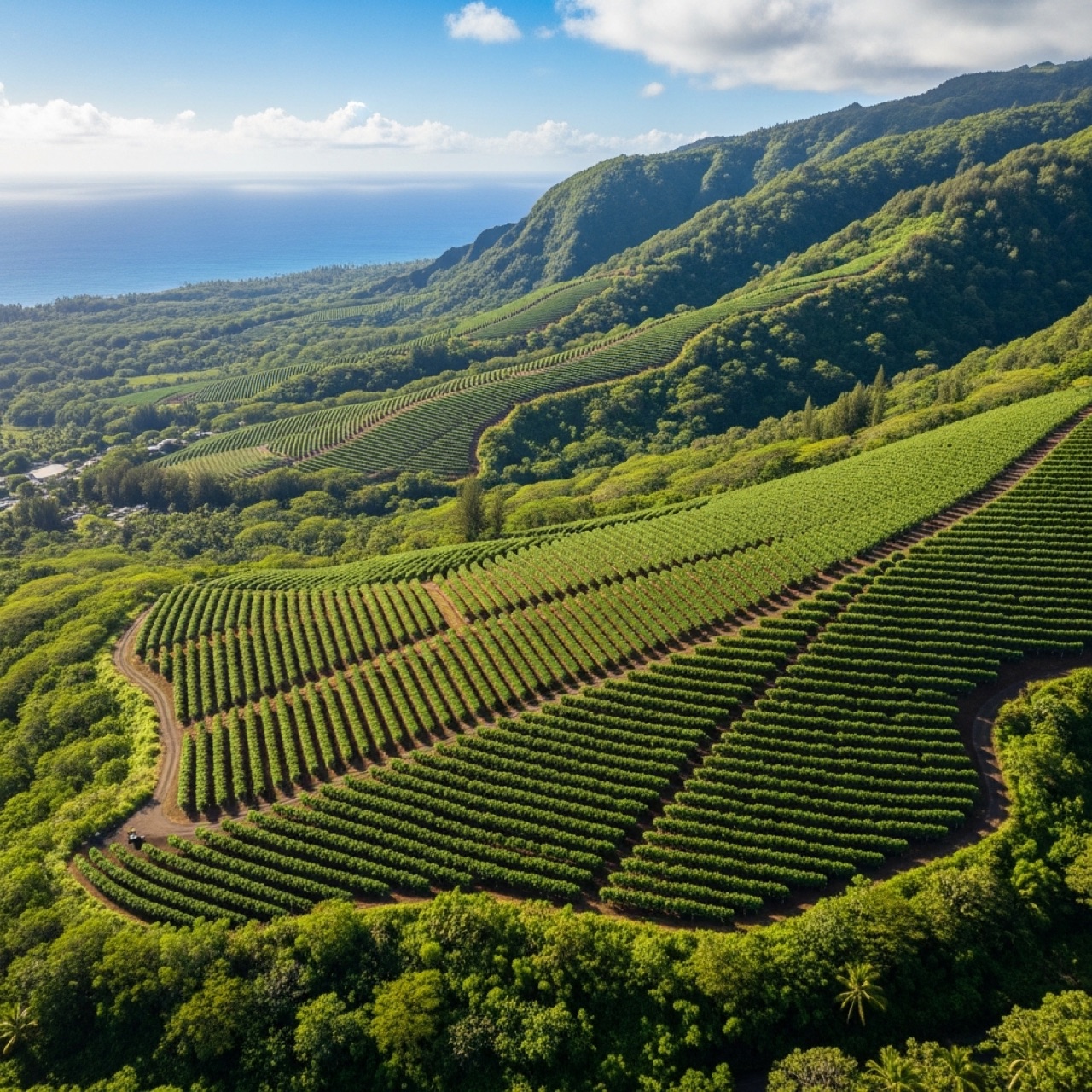 Hawaiian hillside showing the transition from lowland to upland growing zones across an elevation gradient