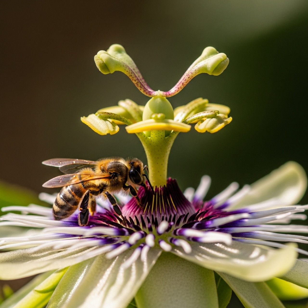 Honeybee (~13mm) — too small to bridge anthers and stigmas. Takes nectar, leaves no pollen.
