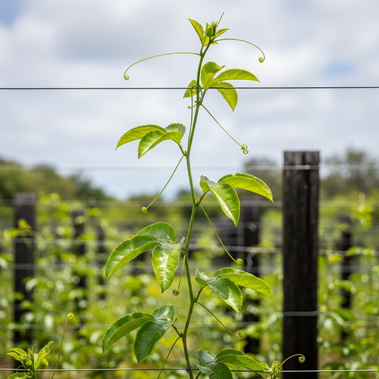 A juvenile passion fruit vine trained up a trellis after transplanting from the nursery