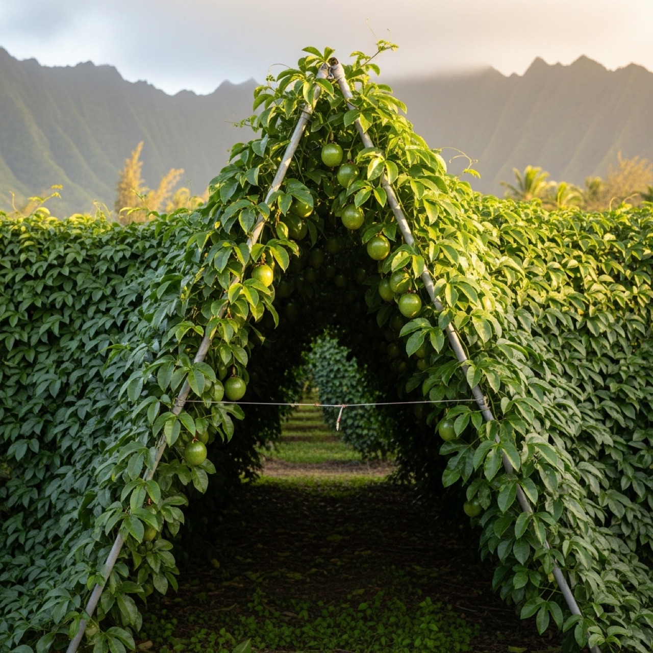 A mature passion fruit vine in full bearing on a trellis, fruit hanging in shaded canopy