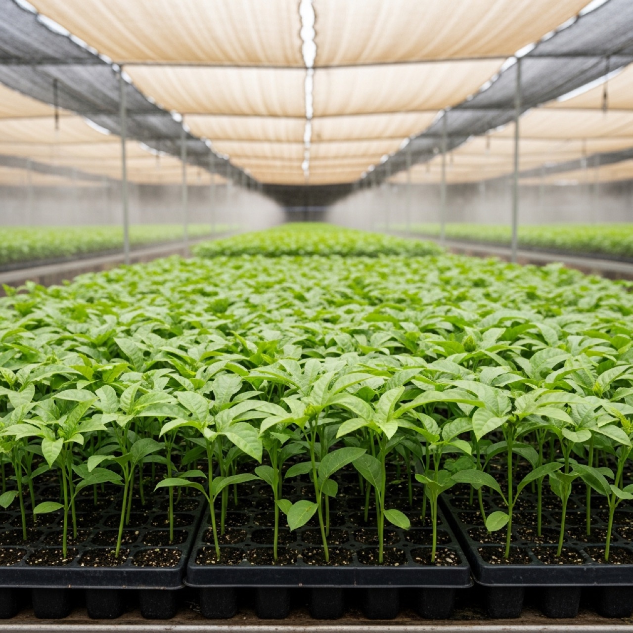 Passion fruit cuttings rooting in propagation trays under shade