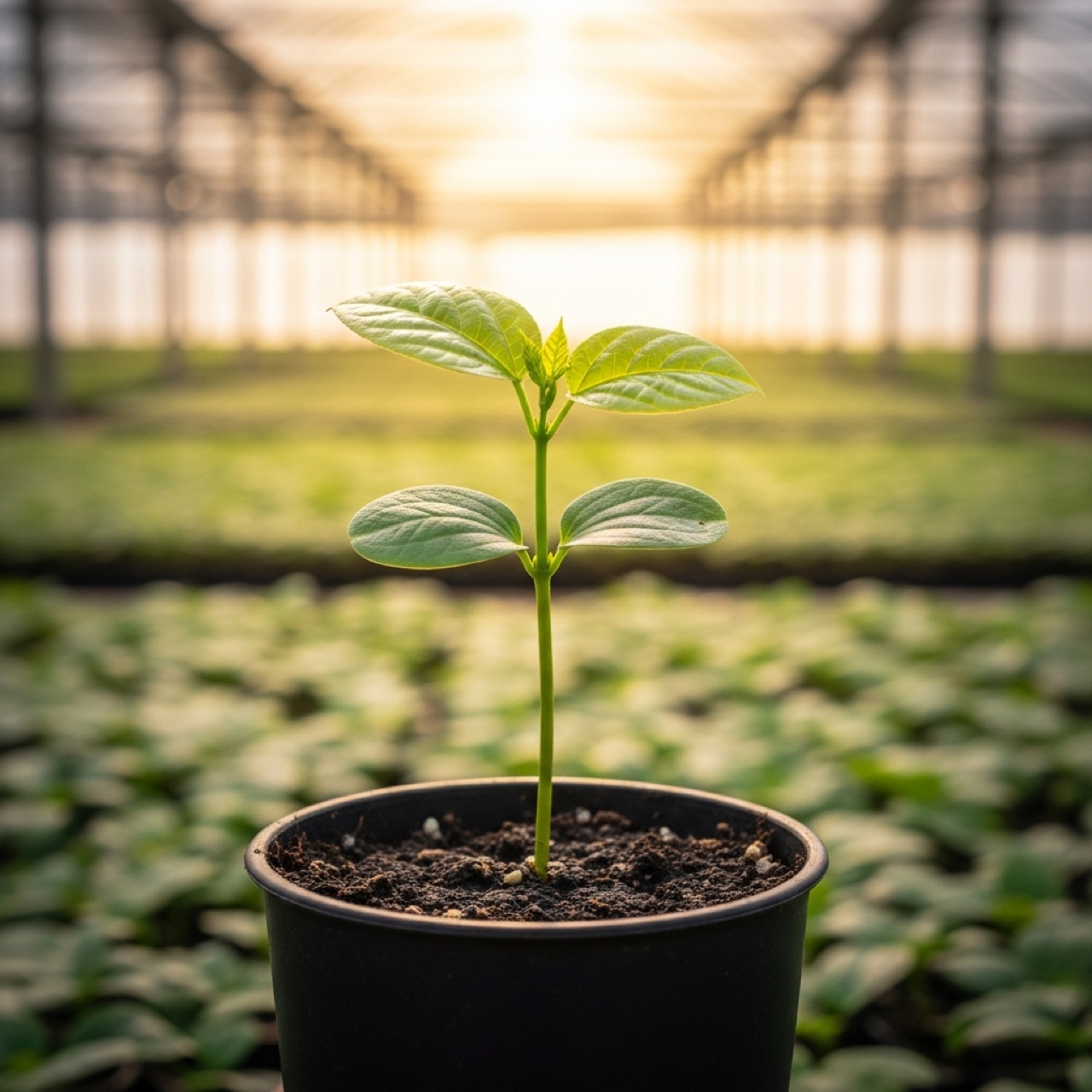 Young passion fruit seedlings at the early growth stage in nursery pots