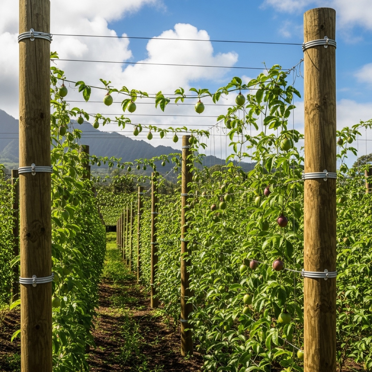 Vertical fence: posts, three wires, a two-dimensional curtain. Cheapest and simplest, but fruit sits exposed on the outer canopy and sunburns in tropical sun.